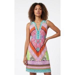 Hale Bob Sleeveless V-Neck Geometric Floral Print Dress Small Boho Chic
